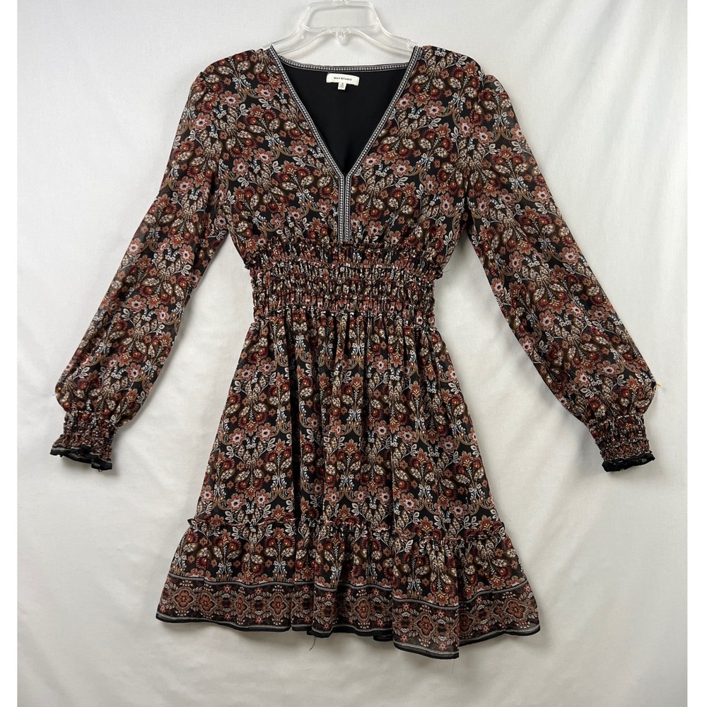 Max Studio Dress Womens Small Black Floral Paisley Smocked Waist Flowy V-Neck
